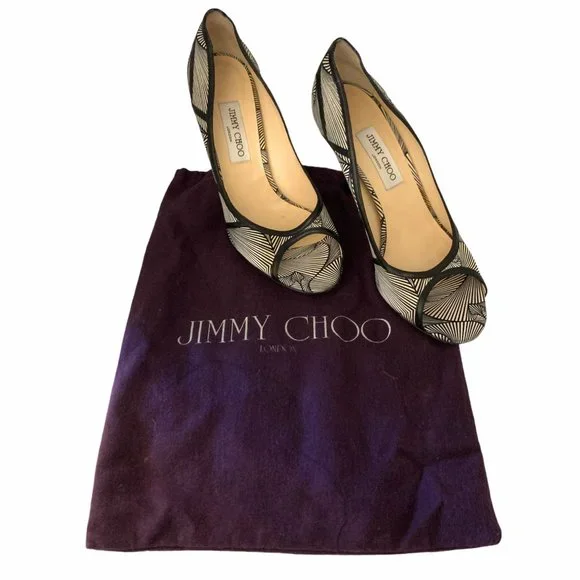 Jimmy Choo Hardy Silk Peep Toe Pumps Art Deco Print Nappa Leather 40.5 1…